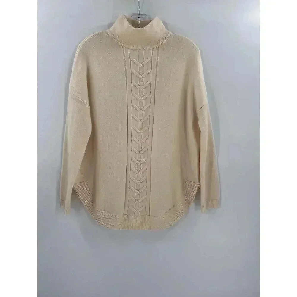 WYNNE LAYERS MARLA WYNNE SOFTKNIT MOCK-NECK IVORY CABLE KNIT SWEATER XSMALL EUC